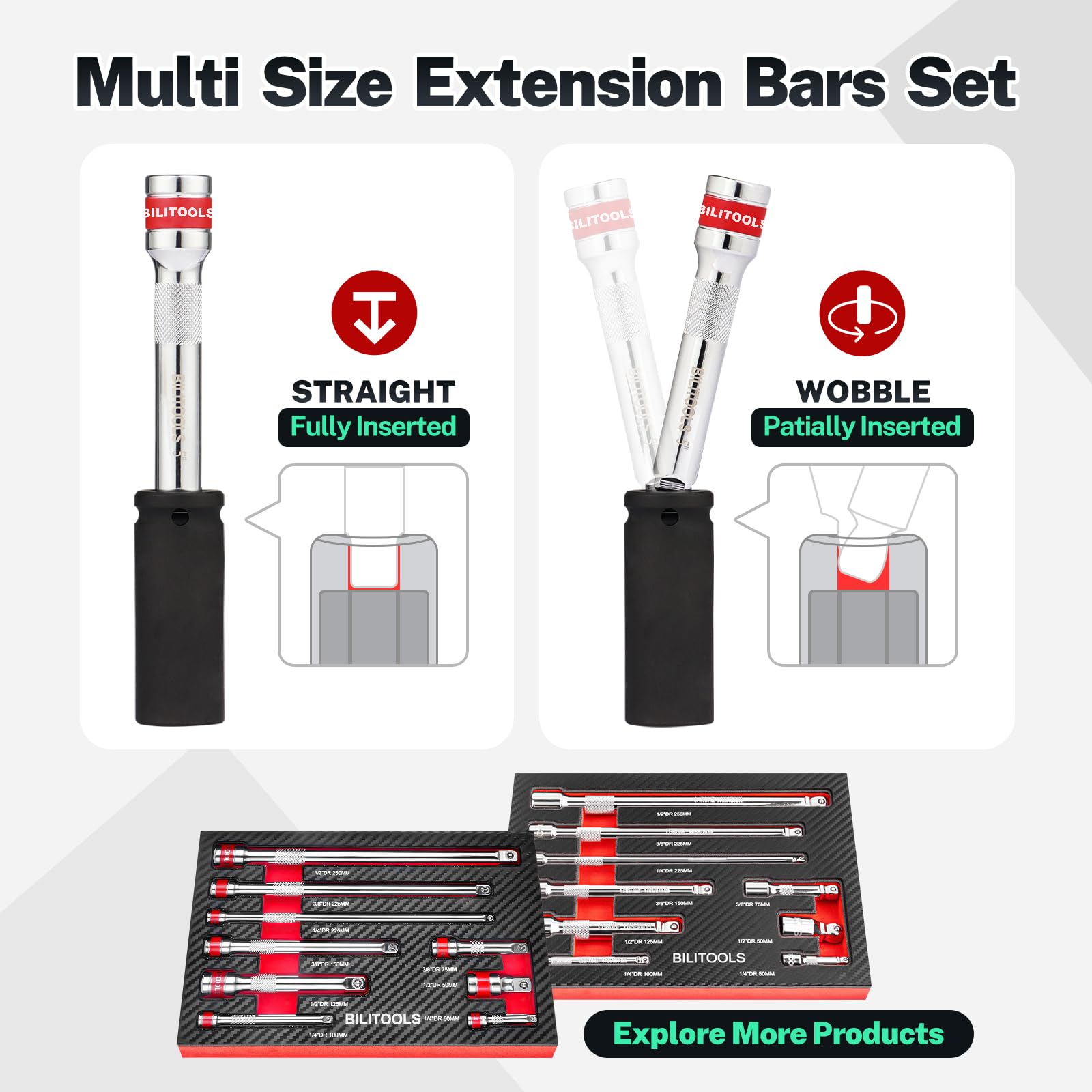 BILITOOLS 9-Piece Hex Wobble Extension Set, 2 in 1, 1/4 in, 3/8 in